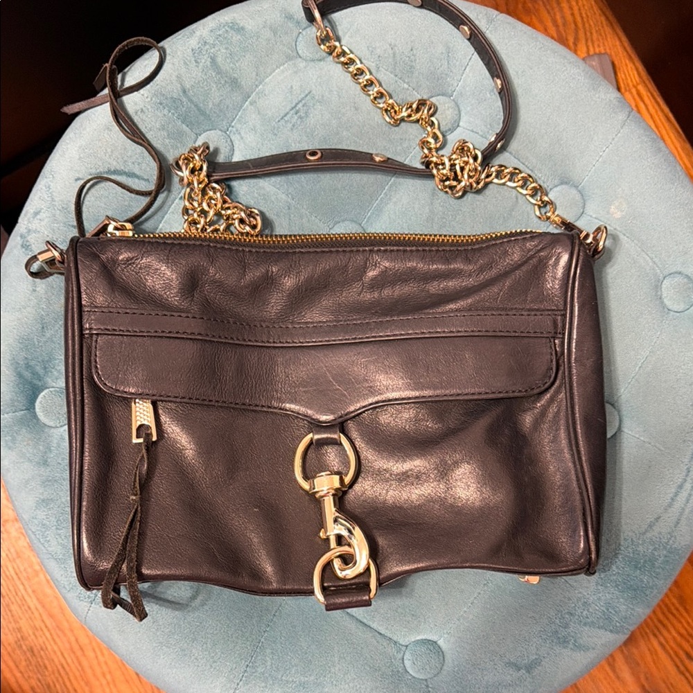 Rebekah Minkoff Leather Shoulder Bag with Gold Chain and Hardware - Black